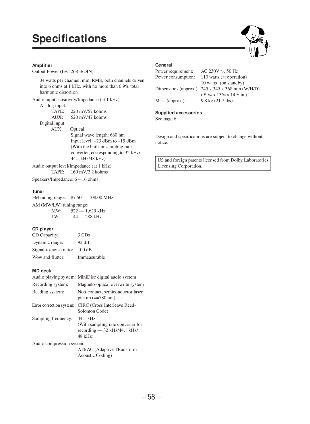 JVC CA-WMD90R manual Specifications 