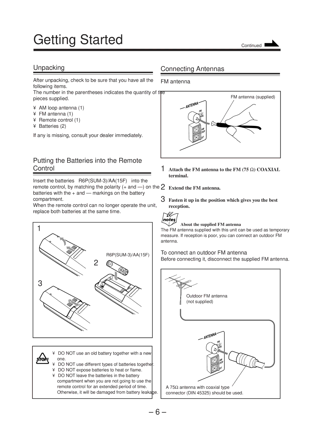 JVC CA-WMD90R manual Getting Started, Unpacking, Putting the Batteries into the Remote Control, Connecting Antennas 