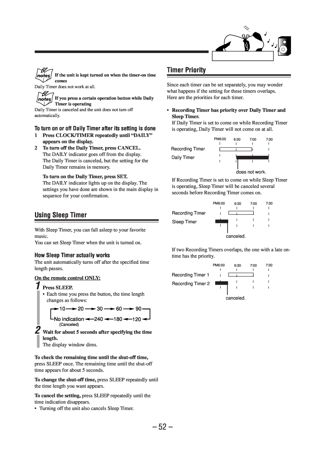 JVC CA-WMD90R manual Timer Priority, Using Sleep Timer, How Sleep Timer actually works 