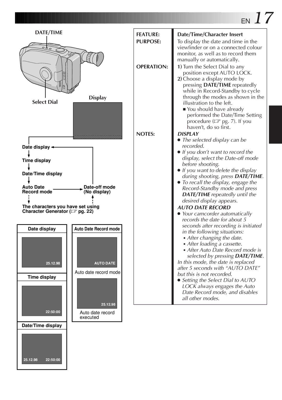 JVC Camcorder instruction manual Display Select Dial, Date/Time/Character Insert 