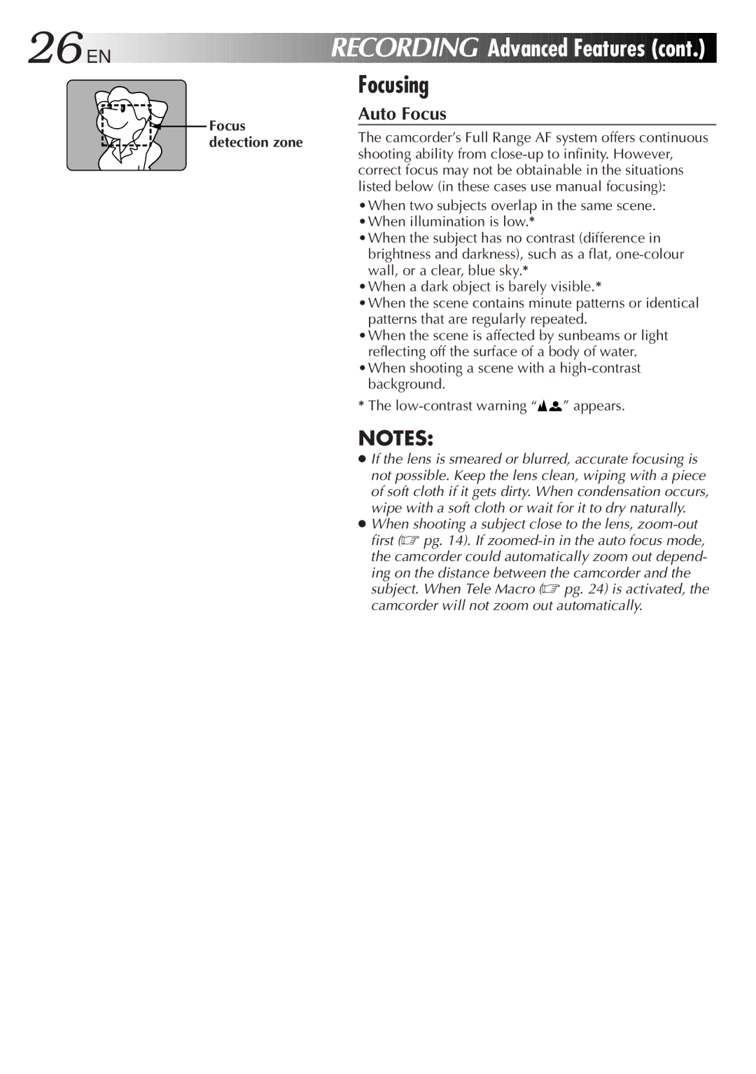 JVC Camcorder instruction manual Focusing, Auto Focus 