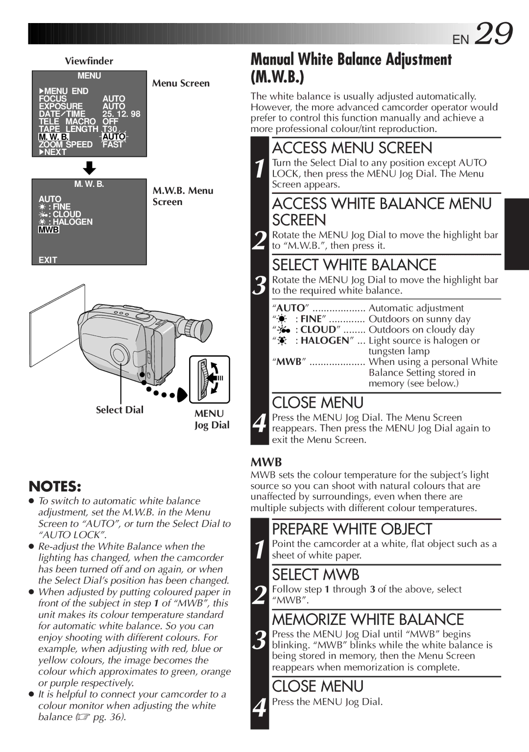 JVC Camcorder instruction manual Manual White Balance Adjustment M.W.B 