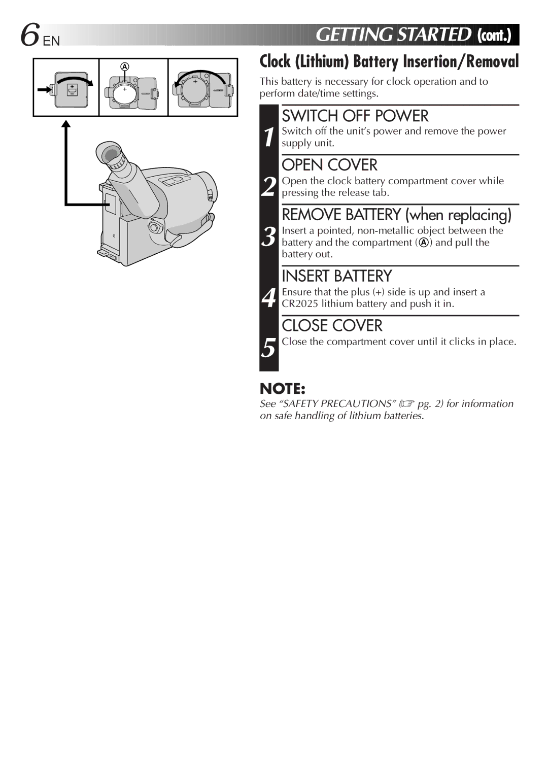 JVC Camcorder instruction manual Switch OFF Power, Insert Battery, Close Cover 