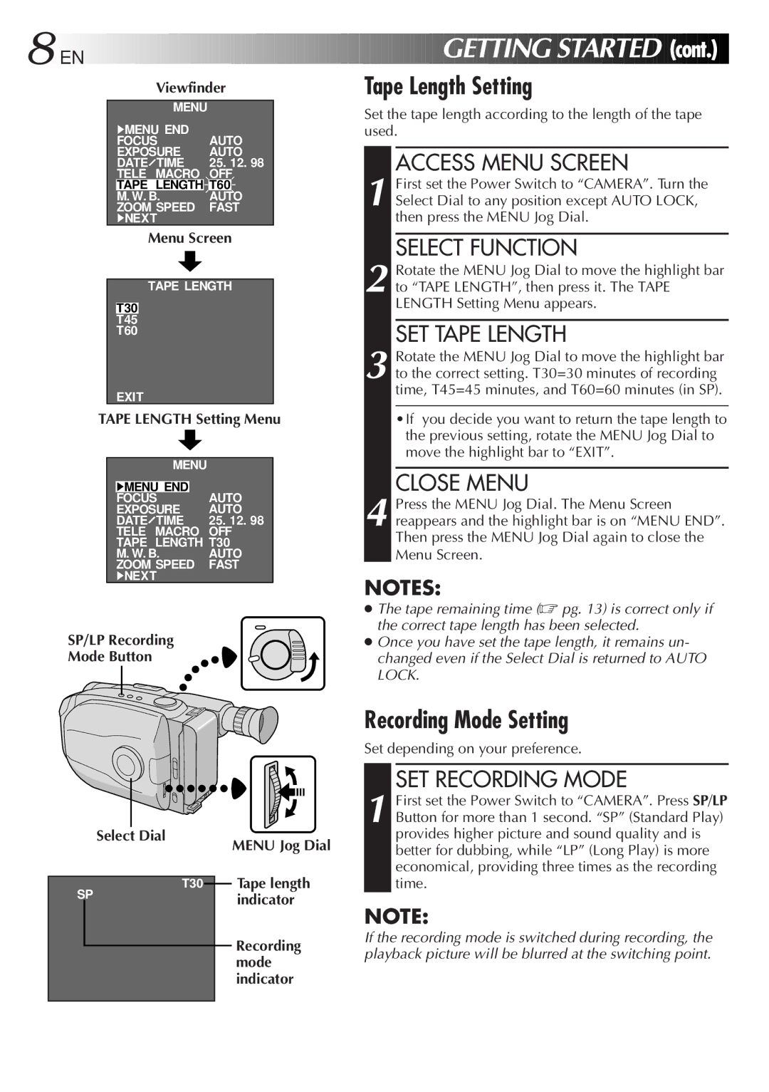 JVC Camcorder Recording Mode Setting, SET Recording Mode, Menu Jog Dial, Set depending on your preference 