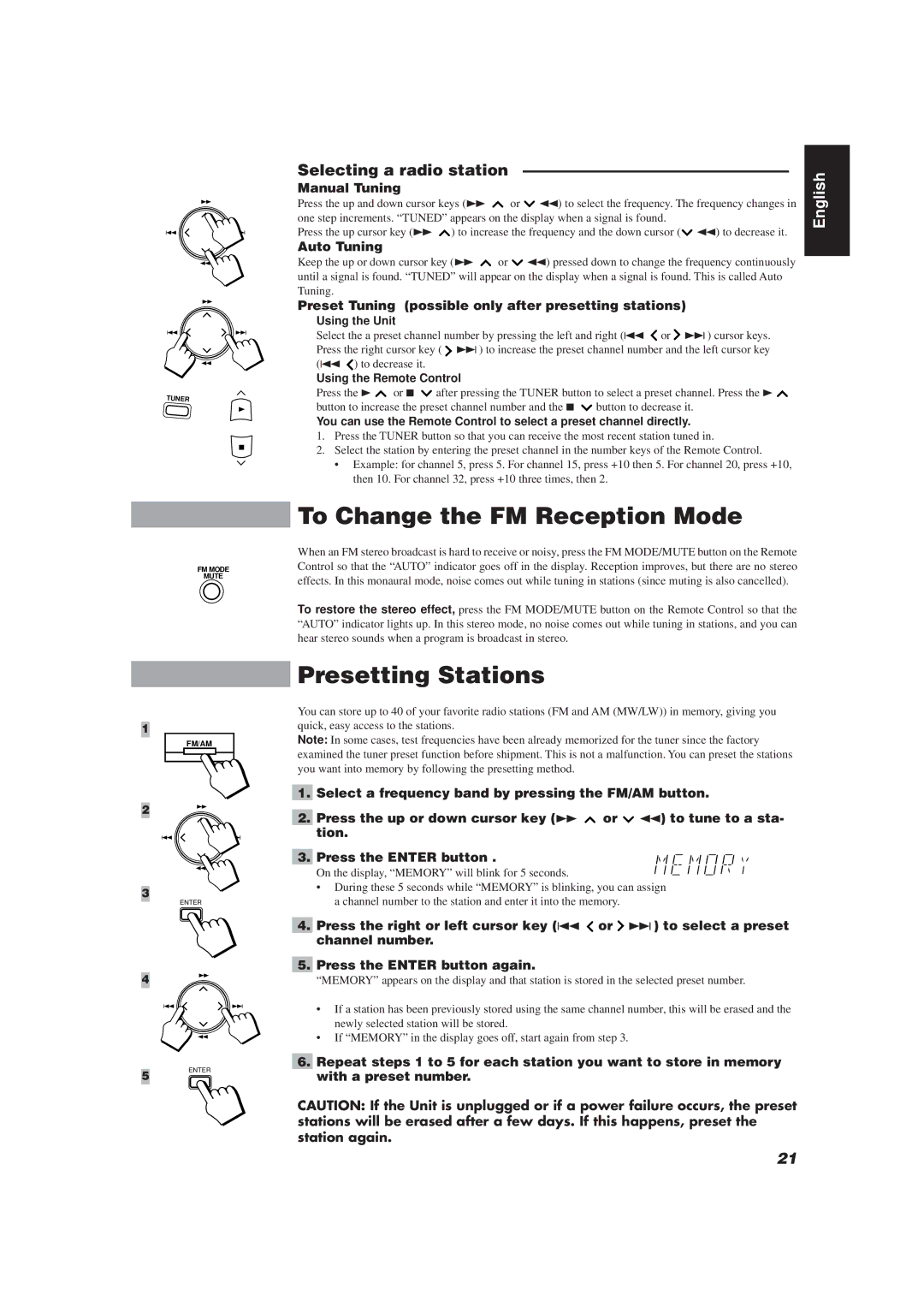 JVC RX-TD77R, CATD77, XT-TD77R manual To Change the FM Reception Mode, Presetting Stations, Selecting a radio station 