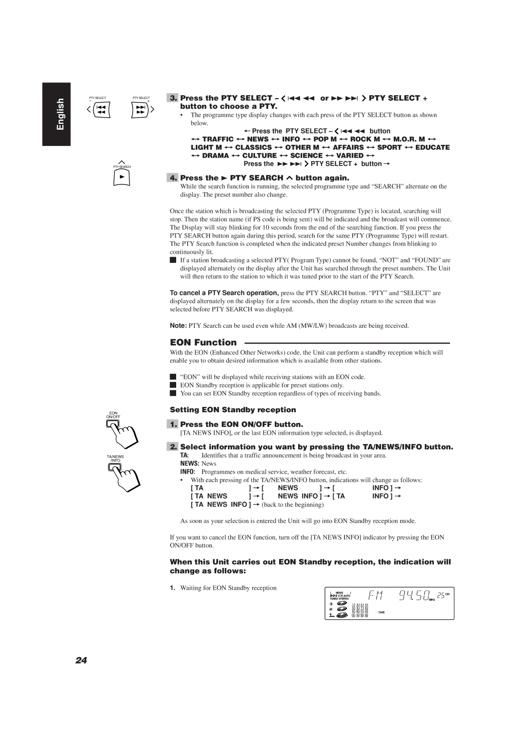 JVC RX-TD77R EON Function, Press the 3 PTY Search button again, Setting EON Standby reception Press the EON ON/OFF button 