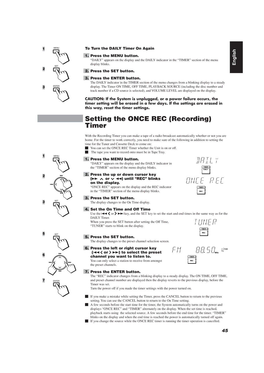 JVC RX-TD77R, CATD77, XT-TD77R Setting the Once REC Recording Timer, To Turn the Daily Timer On Again Press the Menu button 