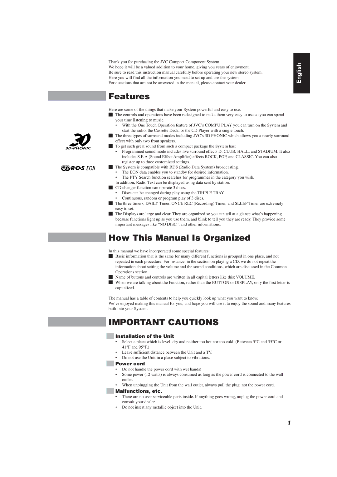 JVC XT-TD77R, CATD77 manual Features, How This Manual Is Organized, Installation of the Unit, Power cord, Malfunctions, etc 