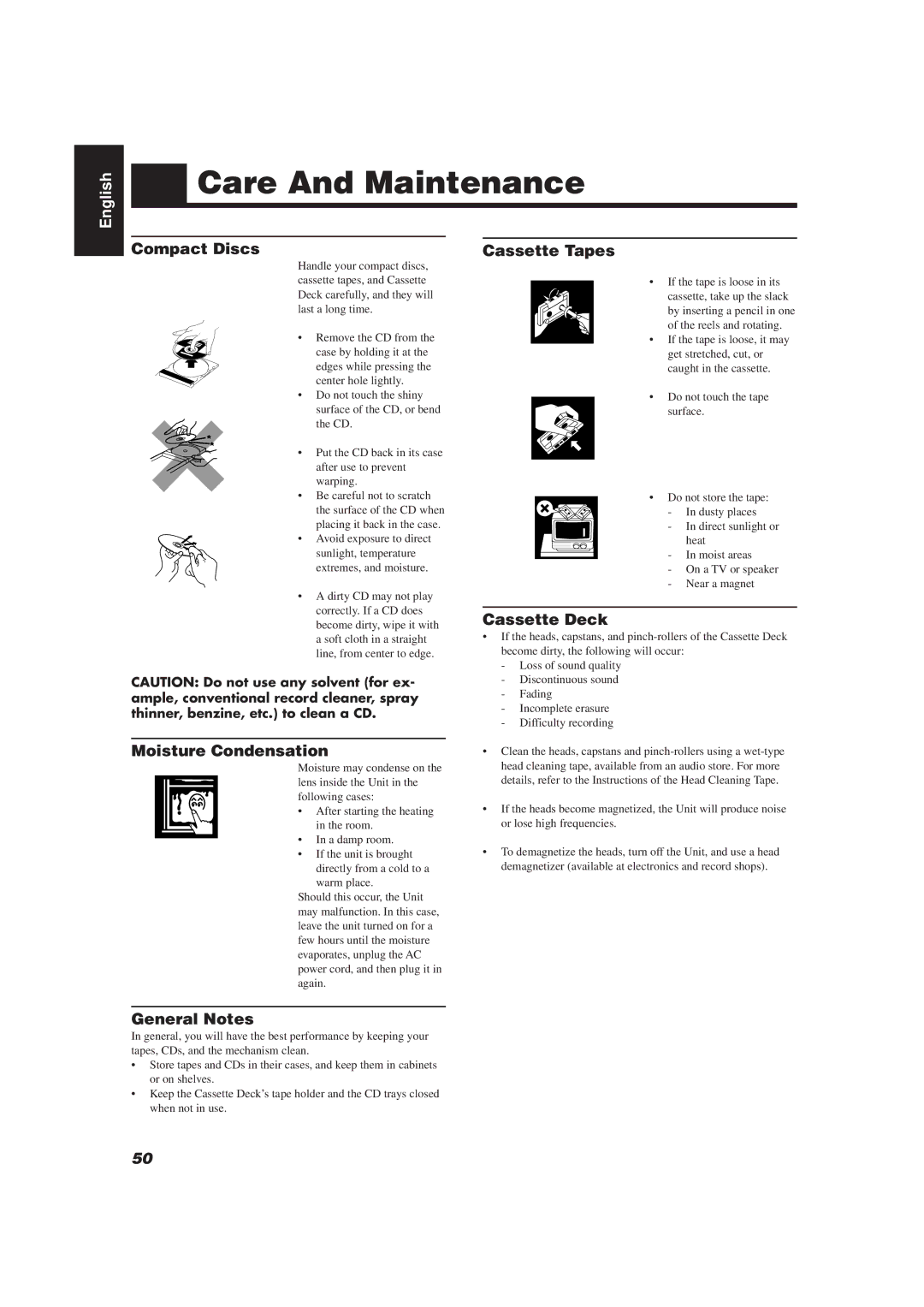 JVC CATD77 manual Care And Maintenance, Compact Discs Cassette Tapes, Moisture Condensation, Cassette Deck, General Notes 