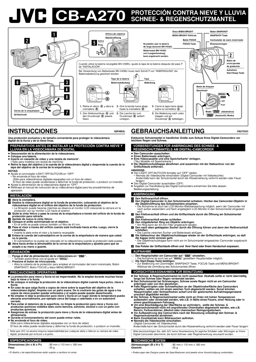 JVC CB-A270 Instalació N, Grabació N, Precauciones Operativas, Anbringung, Aufnahme, Vorsichtsmassnahmen FÜ R Benutzung 