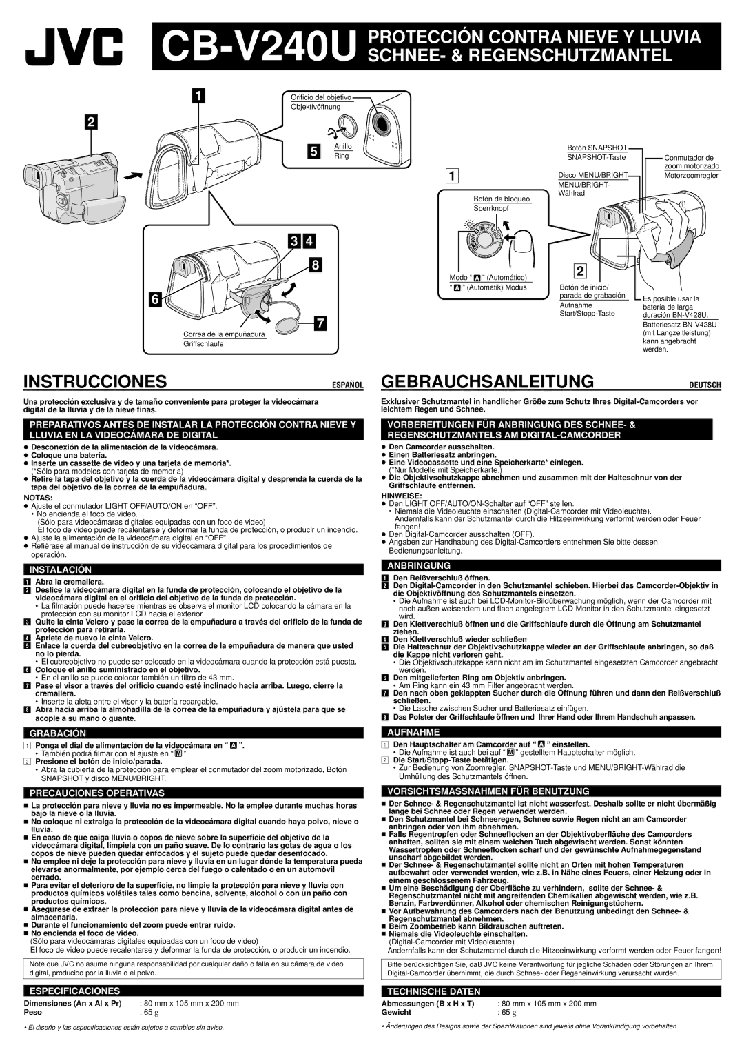 JVC CB-V240U Instalació N, Grabació N, Precauciones Operativas, Anbringung, Aufnahme, Vorsichtsmassnahmen FÜ R Benutzung 