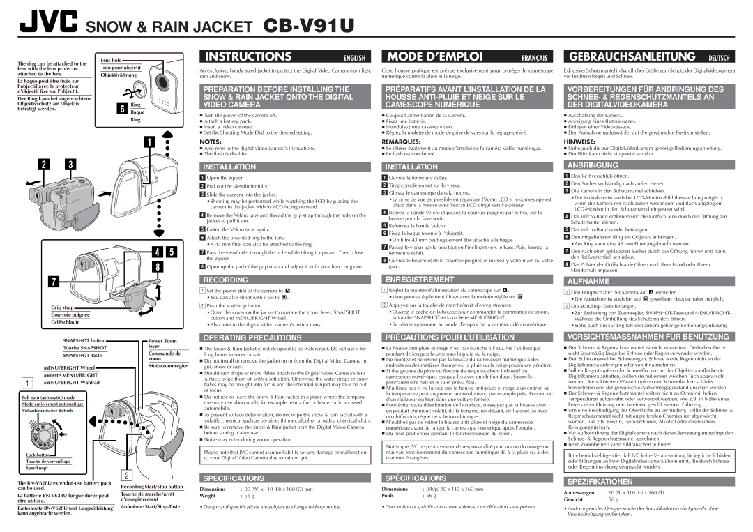 JVC CB-V91U specifications Installation, Anbringung, Recording Enregistrement, Aufnahme, Operating Precautions 