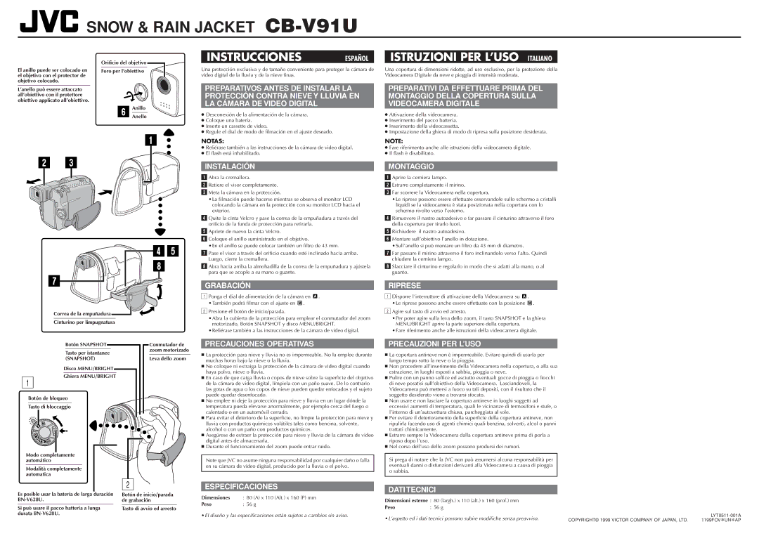 JVC CB-V91U specifications Instalación, Montaggio, Grabación Riprese, Precauciones Operativas, Precauzioni PER L’USO 