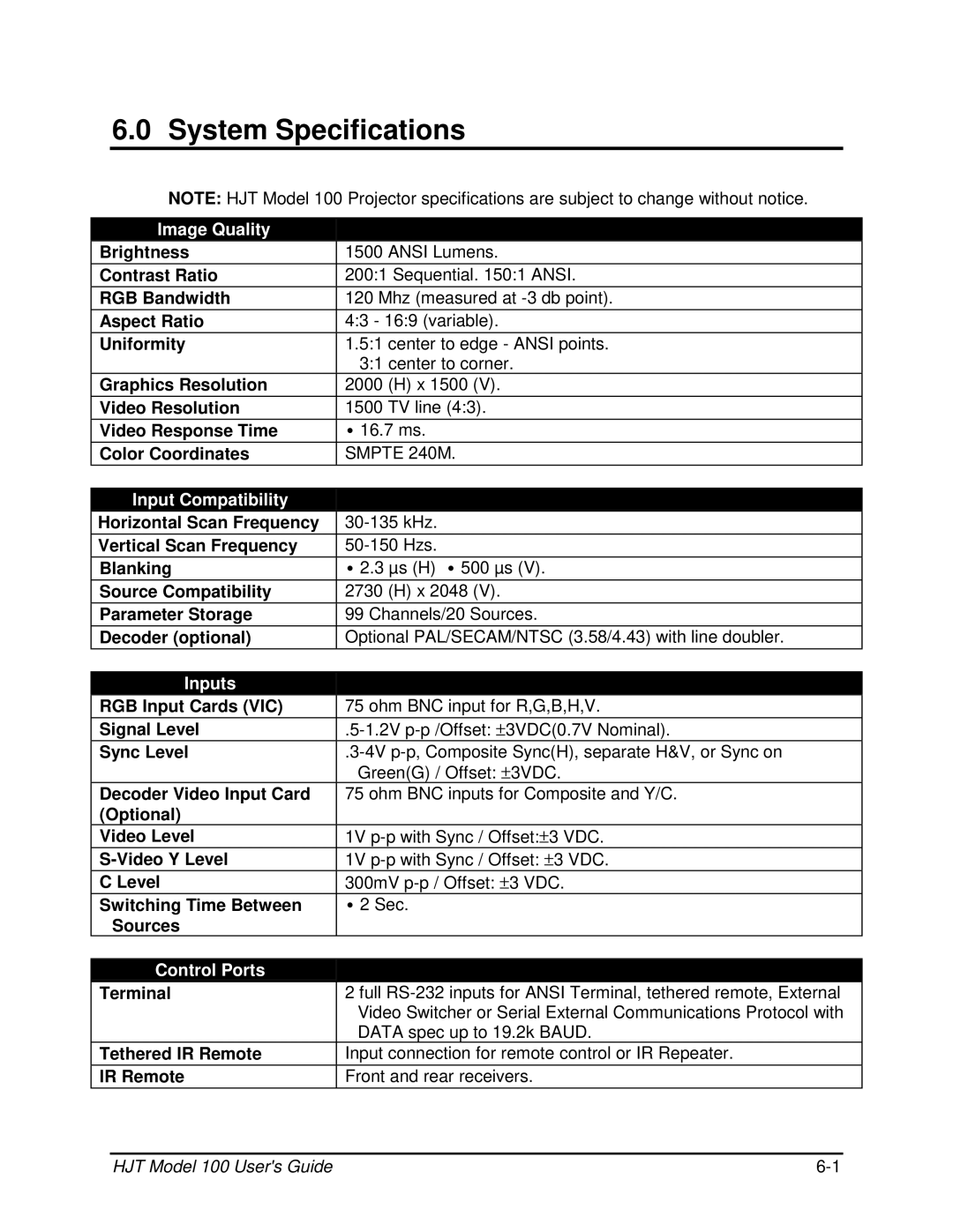 JVC CB100 manual Image Quality, Input Compatibility, Inputs 