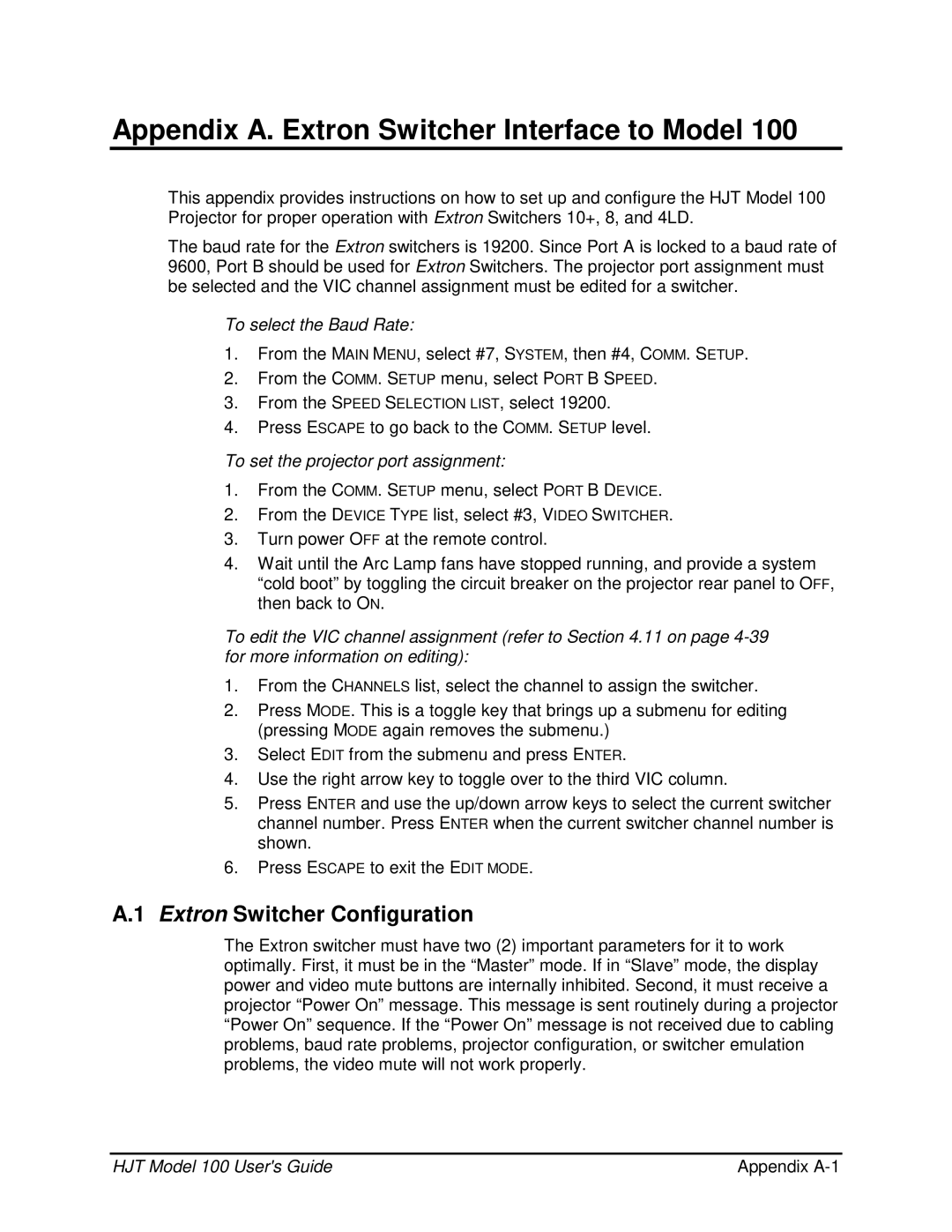 JVC CB100 manual Extron Switcher Configuration, To select the Baud Rate, To set the projector port assignment 