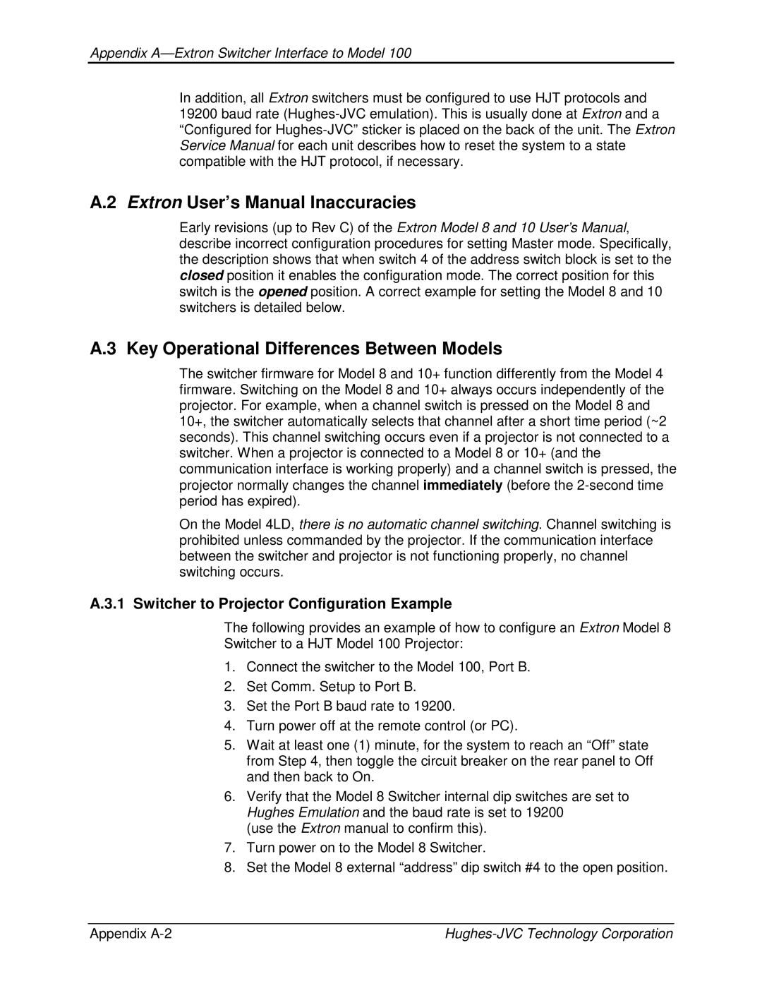 JVC CB100 manual Extron User’s Manual Inaccuracies, Key Operational Differences Between Models, Appendix A-2 