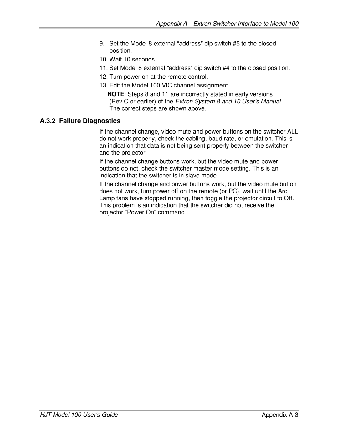 JVC CB100 manual Failure Diagnostics, HJT Model 100 Users Guide Appendix A-3 