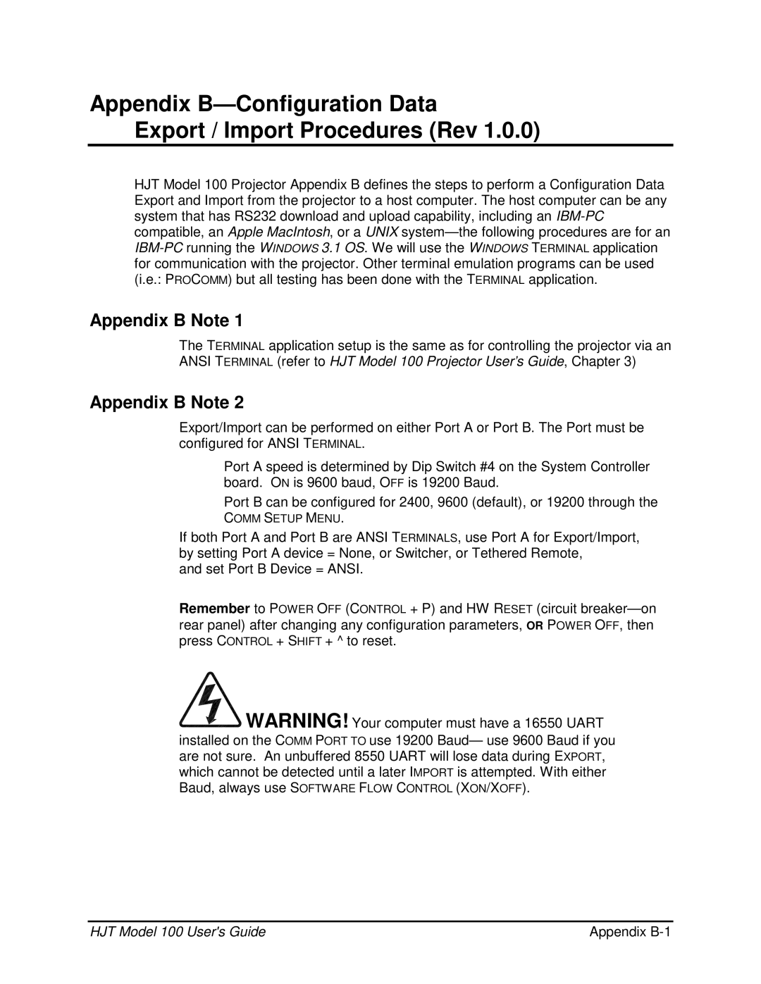 JVC CB100 manual Appendix B Note, HJT Model 100 Users Guide Appendix B-1 