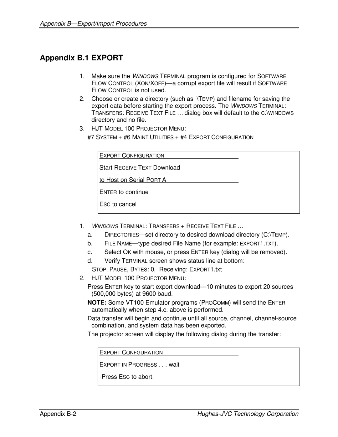 JVC CB100 manual Appendix B.1 Export, Appendix B-Export/Import Procedures, Appendix B-2 