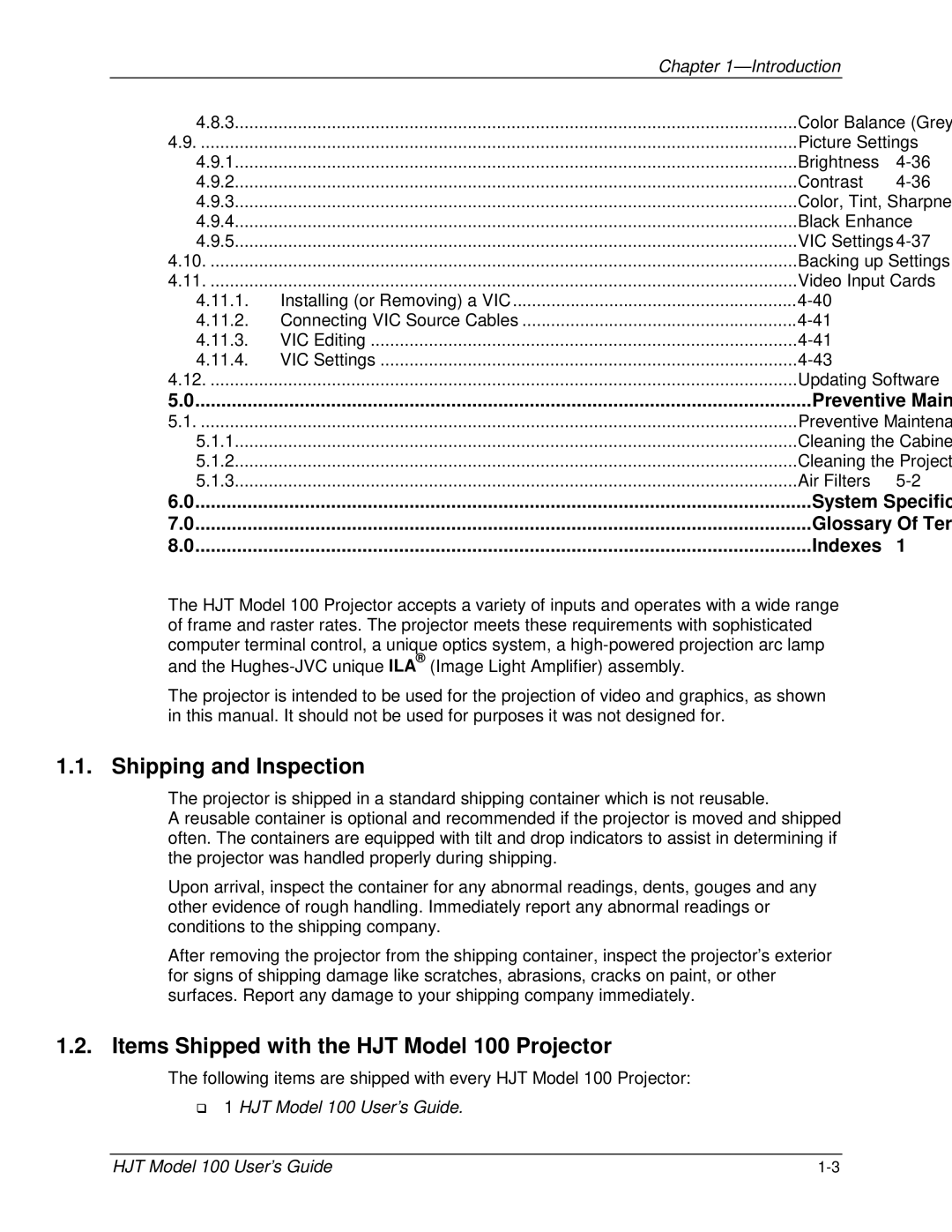 JVC CB100 manual Shipping and Inspection, Items Shipped with the HJT Model 100 Projector 