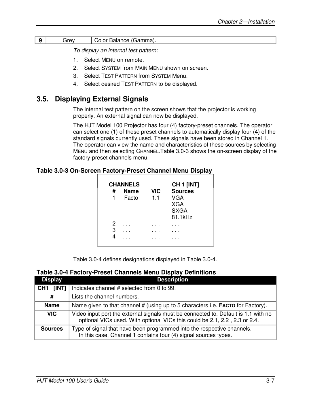 JVC CB100 manual Displaying External Signals, On-Screen Factory-Preset Channel Menu Display, Display Description 