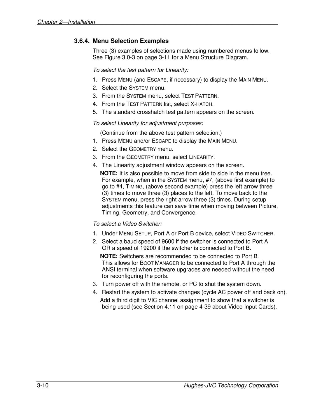 JVC CB100 Menu Selection Examples, To select the test pattern for Linearity, To select Linearity for adjustment purposes 