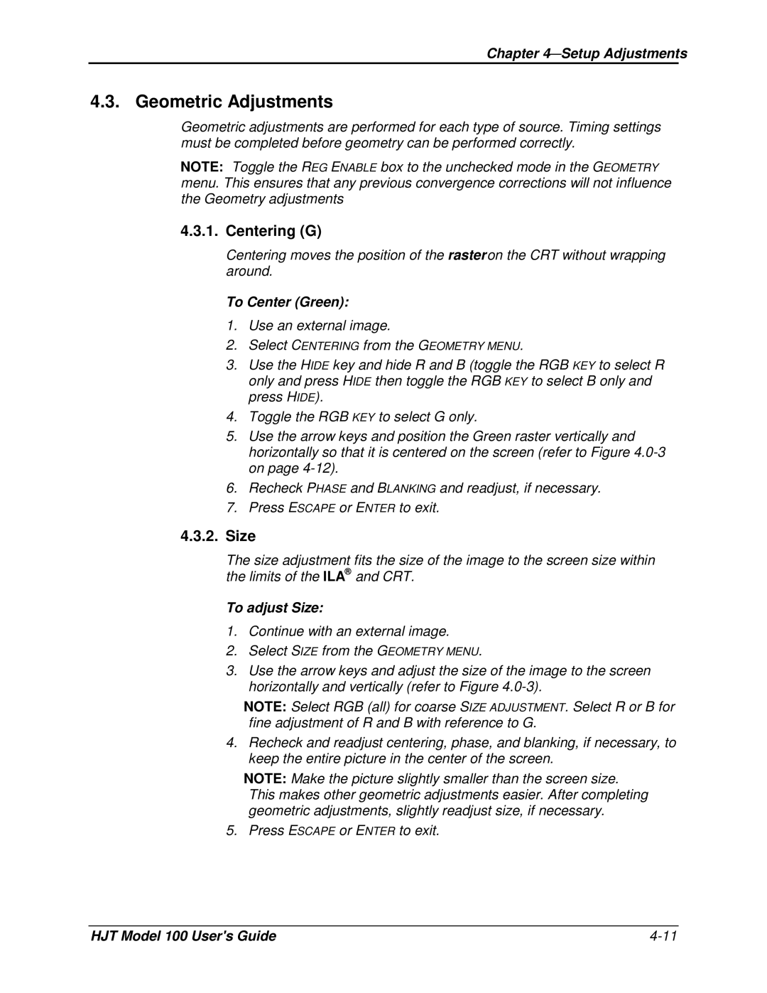 JVC CB100 manual Geometric Adjustments, Centering G, To Center Green, To adjust Size 
