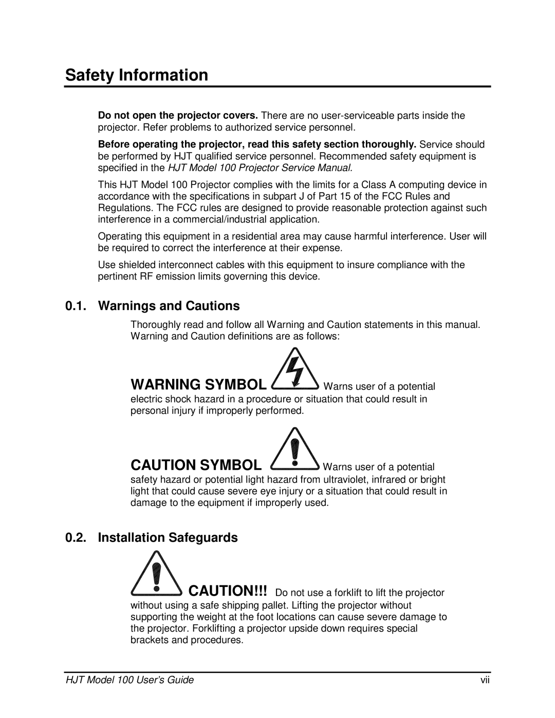 JVC CB100 manual Installation Safeguards, HJT Model 100 User’s Guide Vii 