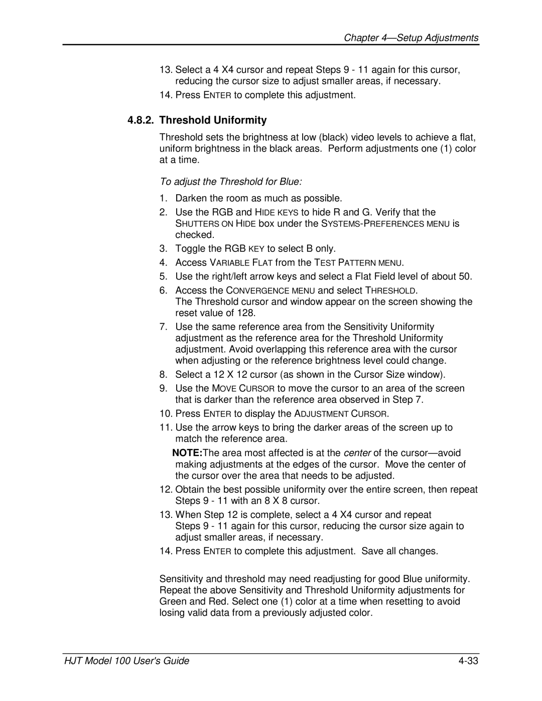 JVC CB100 manual Threshold Uniformity, To adjust the Threshold for Blue 