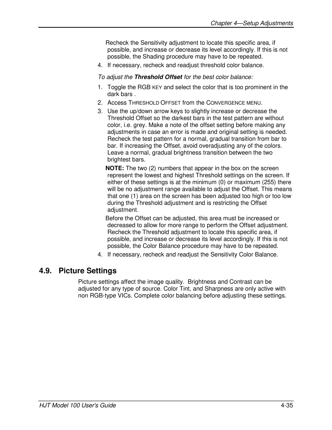 JVC CB100 manual Picture Settings, To adjust the Threshold Offset for the best color balance 