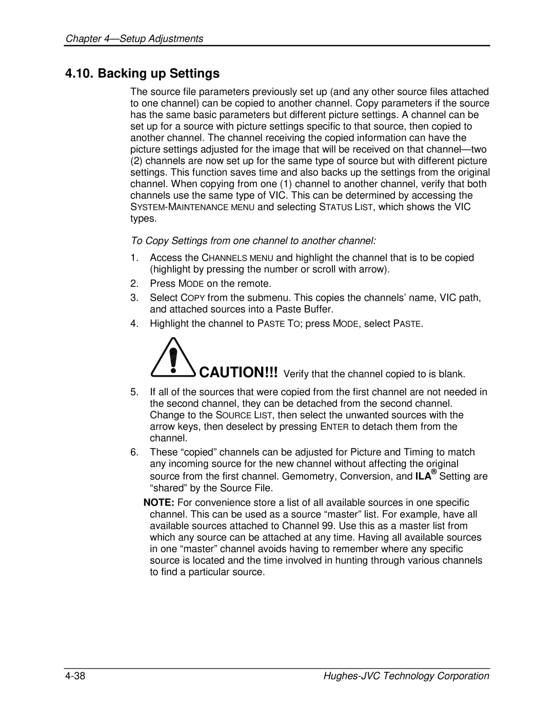 JVC CB100 manual Backing up Settings, To Copy Settings from one channel to another channel 