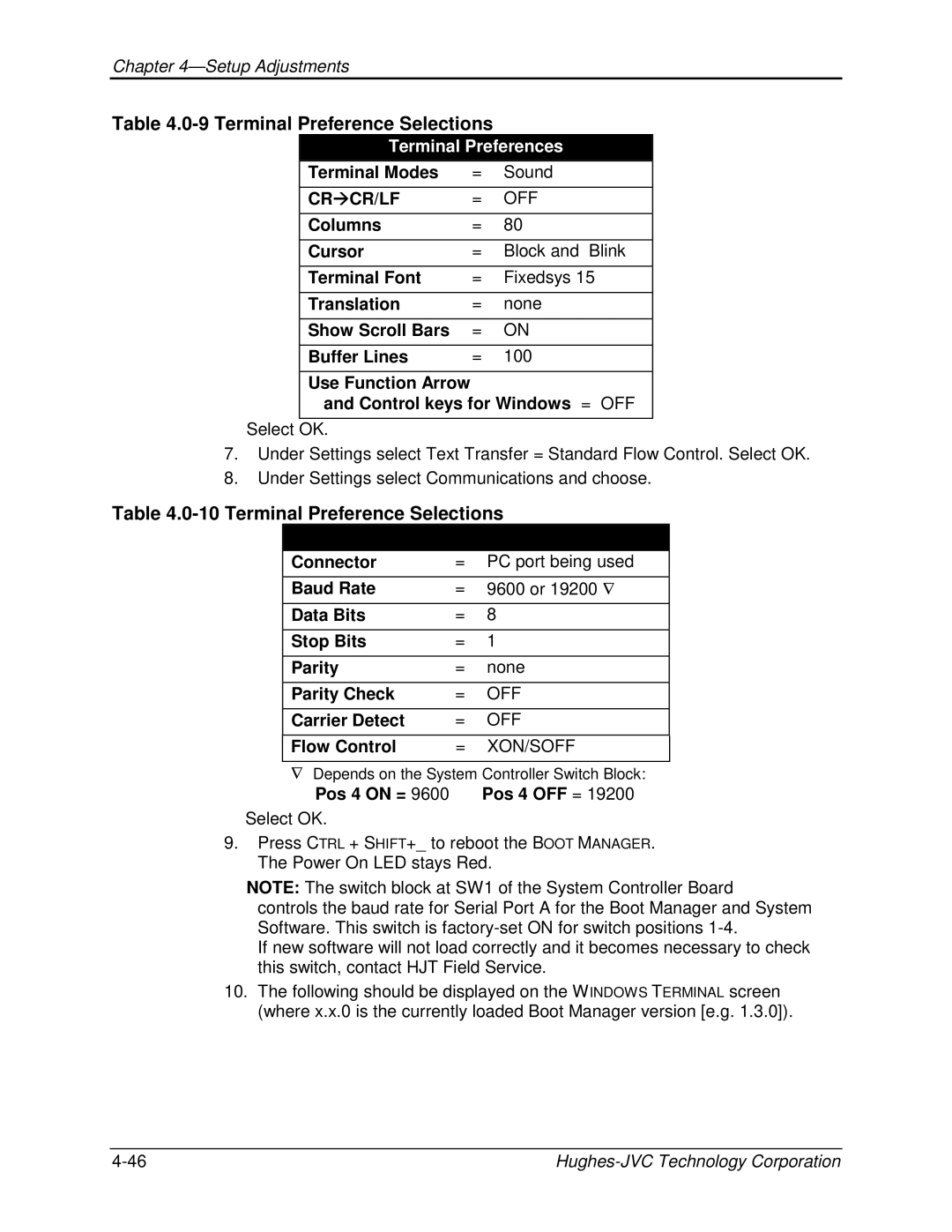 JVC CB100 manual Terminal Preference Selections, Terminal Preferences 