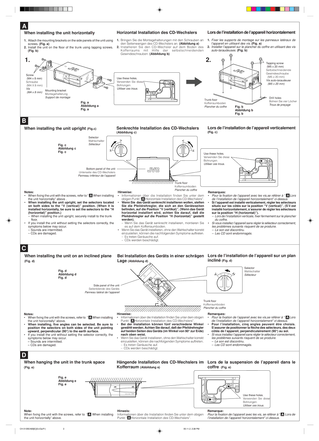 JVC CH-X1000 user service When installing the unit horizontally, Horizontal Installation des CD-Wechslers 