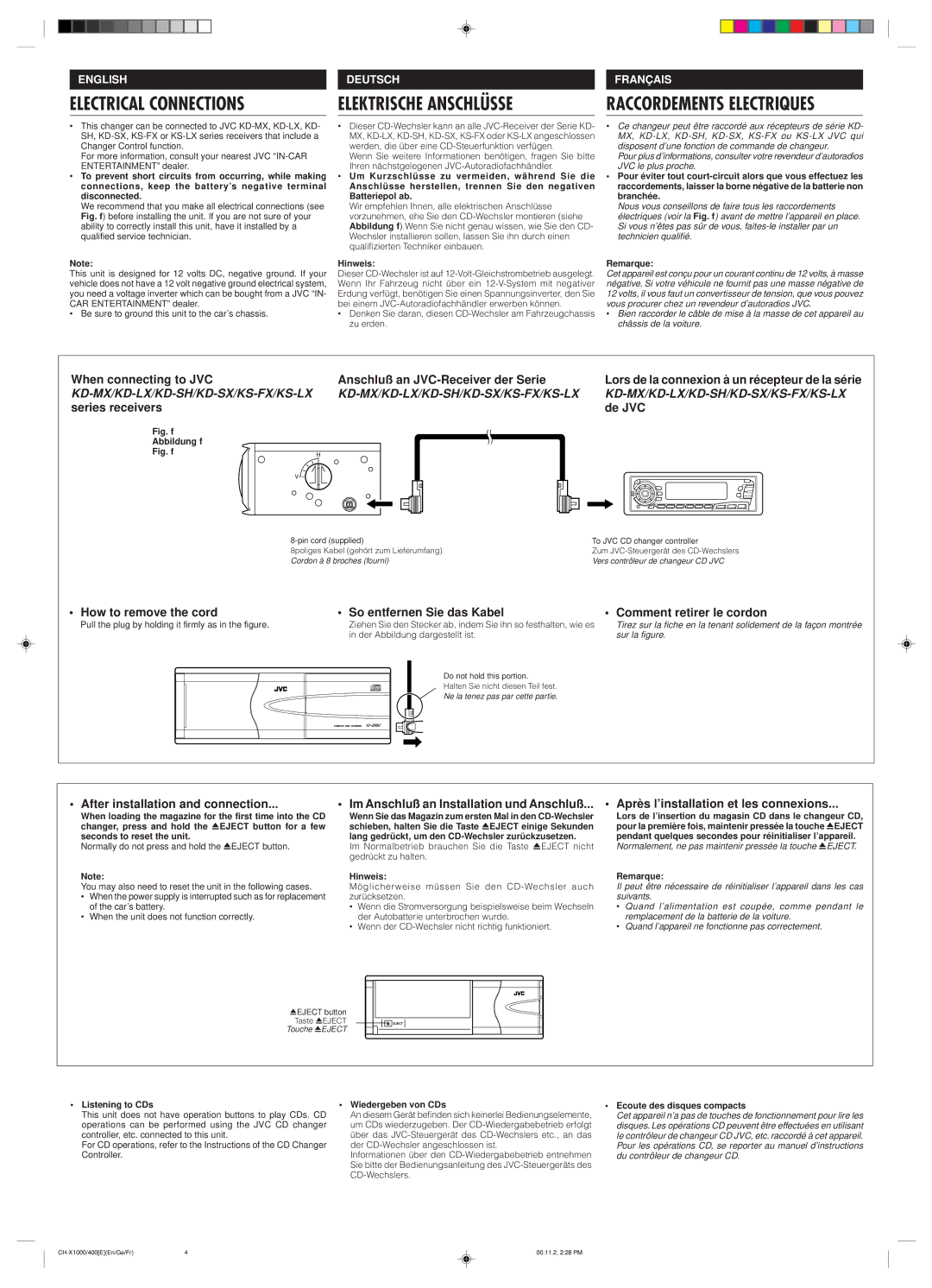 JVC CH-X1000 user service Electrical Connections, Elektrische Anschlüsse, Raccordements Electriques 