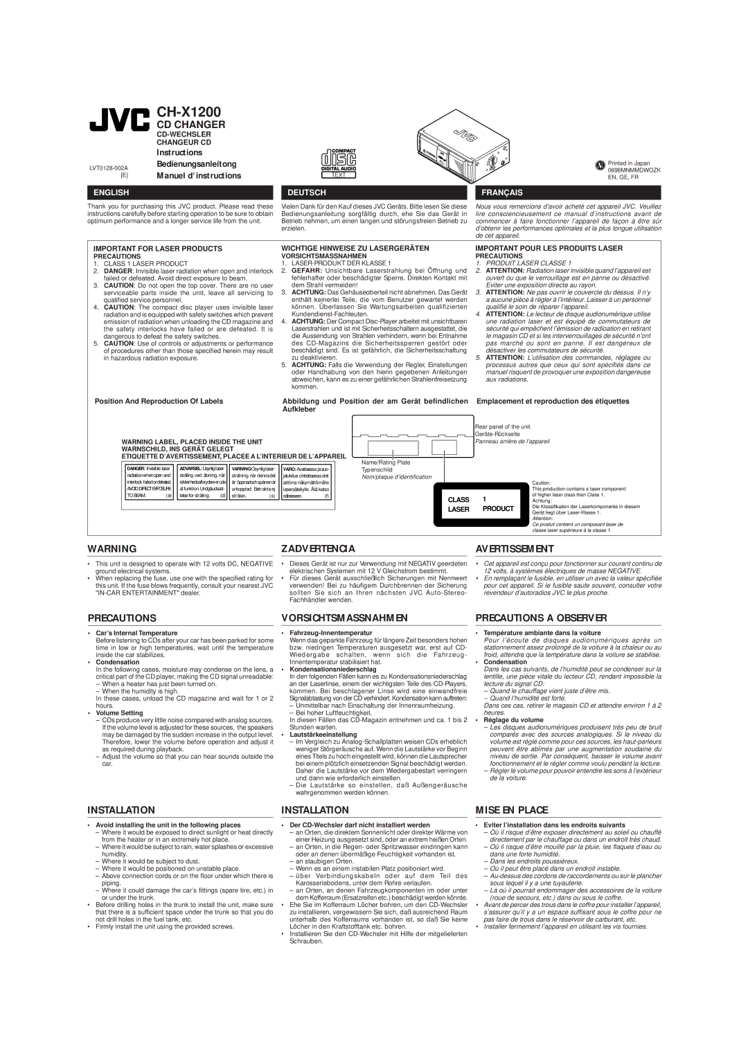 JVC CH-X1200 user service Zadvertencia Avertissement, Vorsichtsmassnahmen, Precautions a Observer, Installation 