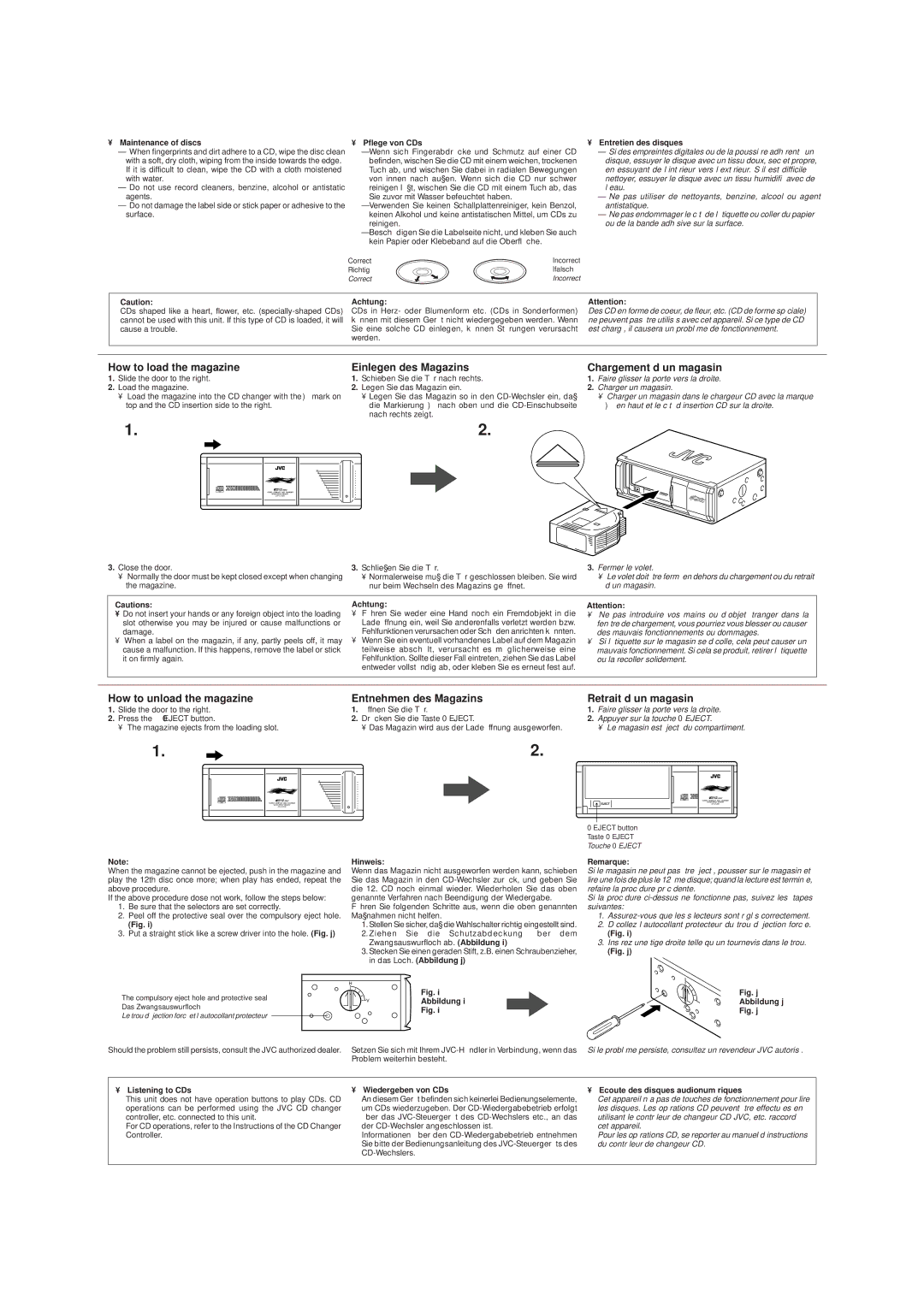 JVC CH-X1200 user service How to unload the magazine, Entnehmen des Magazins, Retrait d’un magasin 