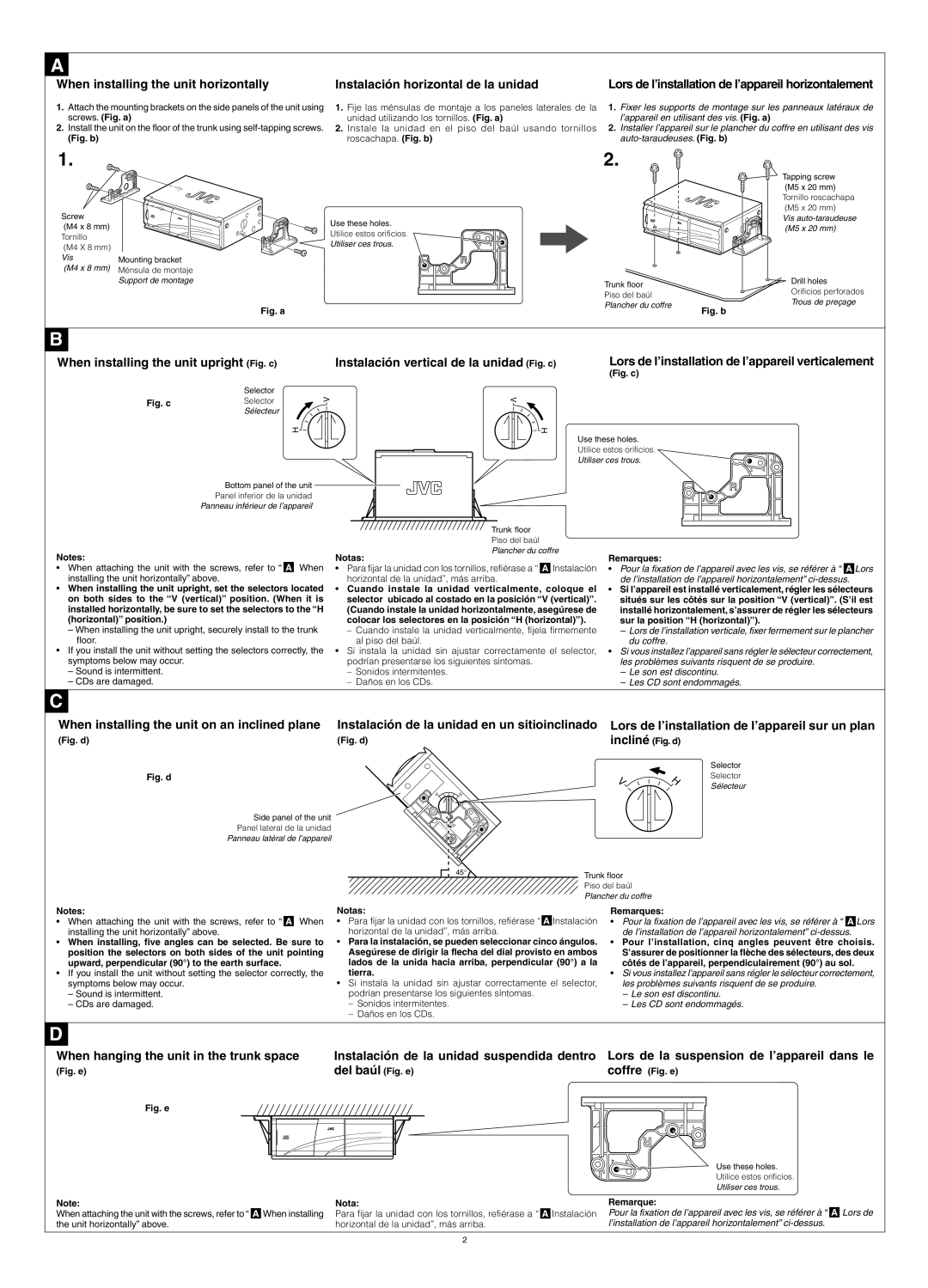 JVC CH-X1500 When installing the unit horizontally, Instalación horizontal de la unidad, Incliné Fig. d, Del baúl Fig. e 