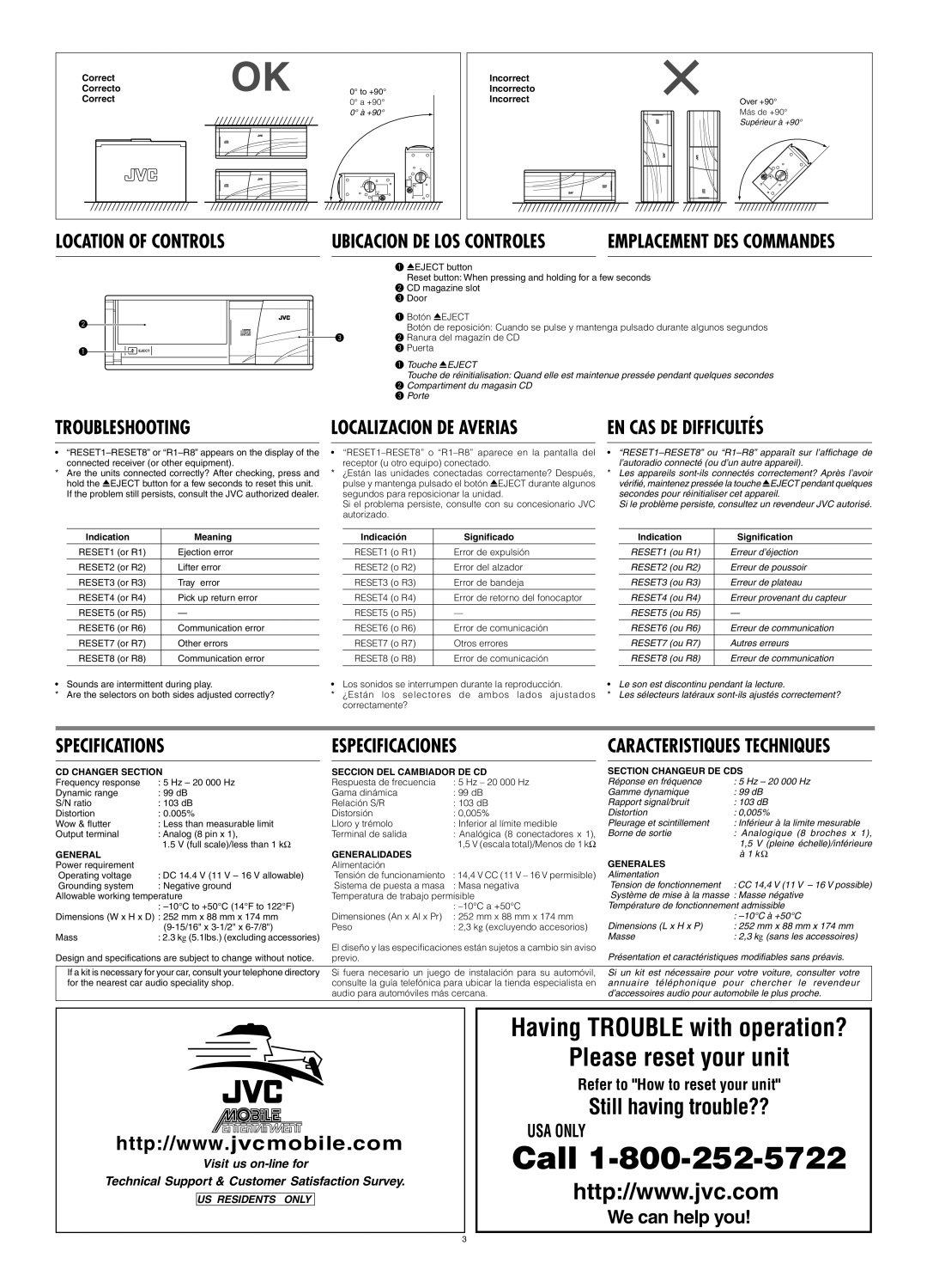 JVC CH-X1500 user service Troubleshooting, Localizacion DE Averias, EN CAS DE Difficultés, Specifications Especificaciones 