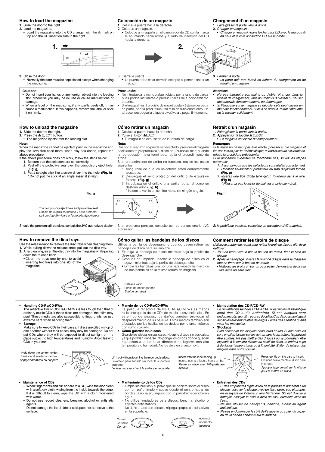 JVC CH-X1500 How to load the magazine Colocación de un magazín, How to unload the magazine, Cómo retirar un magazín 