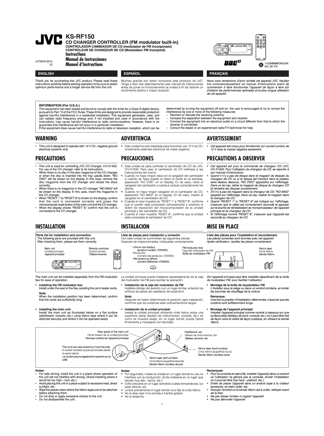 JVC CH-X1500 KS-RF150, Avertissement, Manual de instrucciones, Manuel d‘instructions, Precautions A Observer, Advertencia 