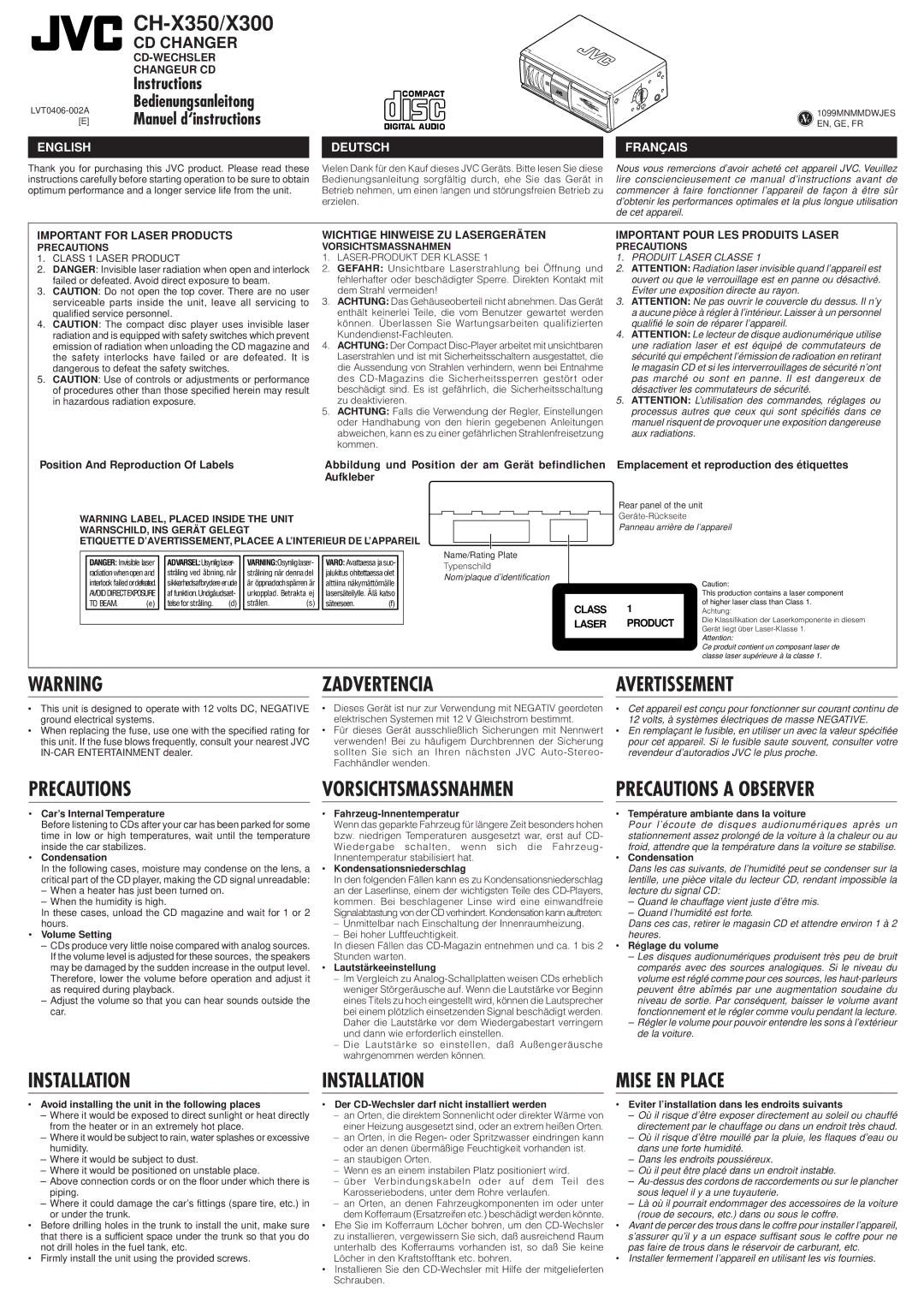 JVC CH-X300 user service Zadvertencia Avertissement, Vorsichtsmassnahmen, Precautions a Observer, Installation 