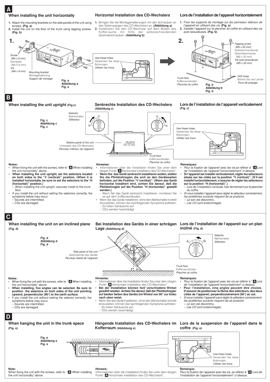 JVC CH-X350 When installing the unit on an inclined plane, Lors de l’installation de l’appareil sur un plan incliné 