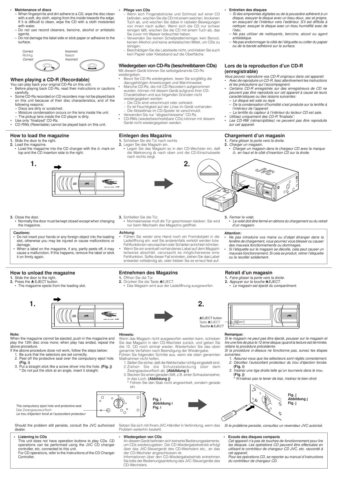 JVC CH-X350 When playing a CD-R Recordable, Lors de la reproduction d’un CD-R enregistrable, How to unload the magazine 