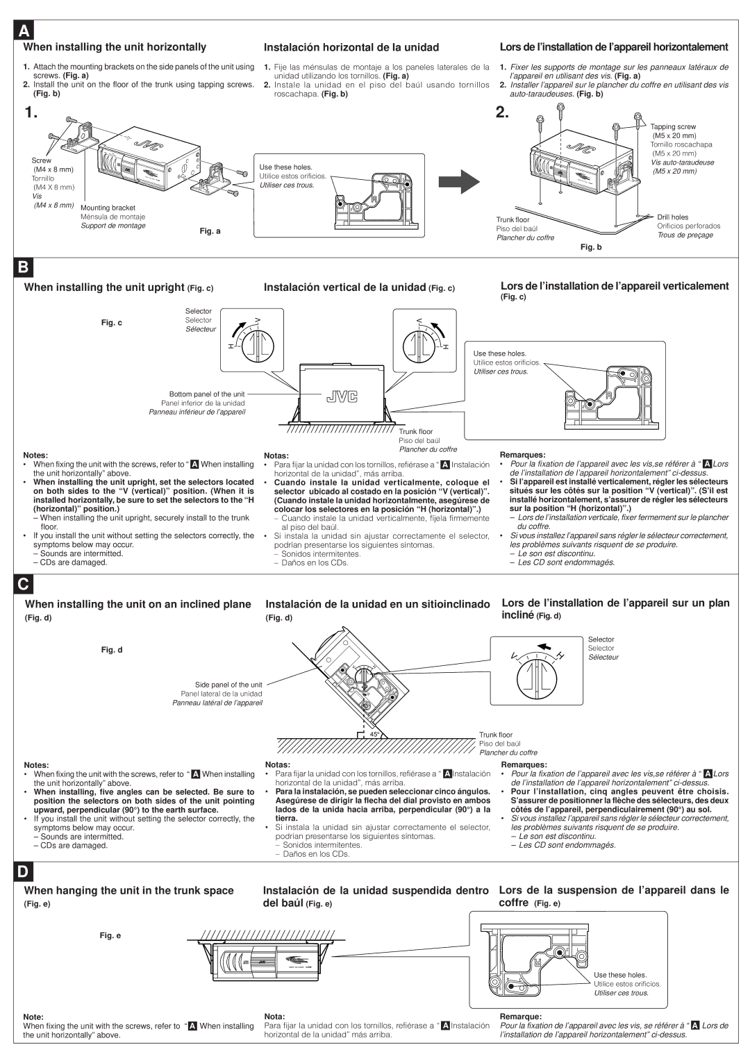 JVC CH-X350 user service When installing the unit horizontally, Instalación horizontal de la unidad, Del baúl Fig. e 