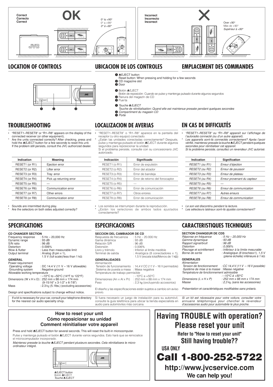 JVC CH-X350 user service Location of Controls, Troubleshooting, Localizacion DE Averias, EN CAS DE Difficultés 