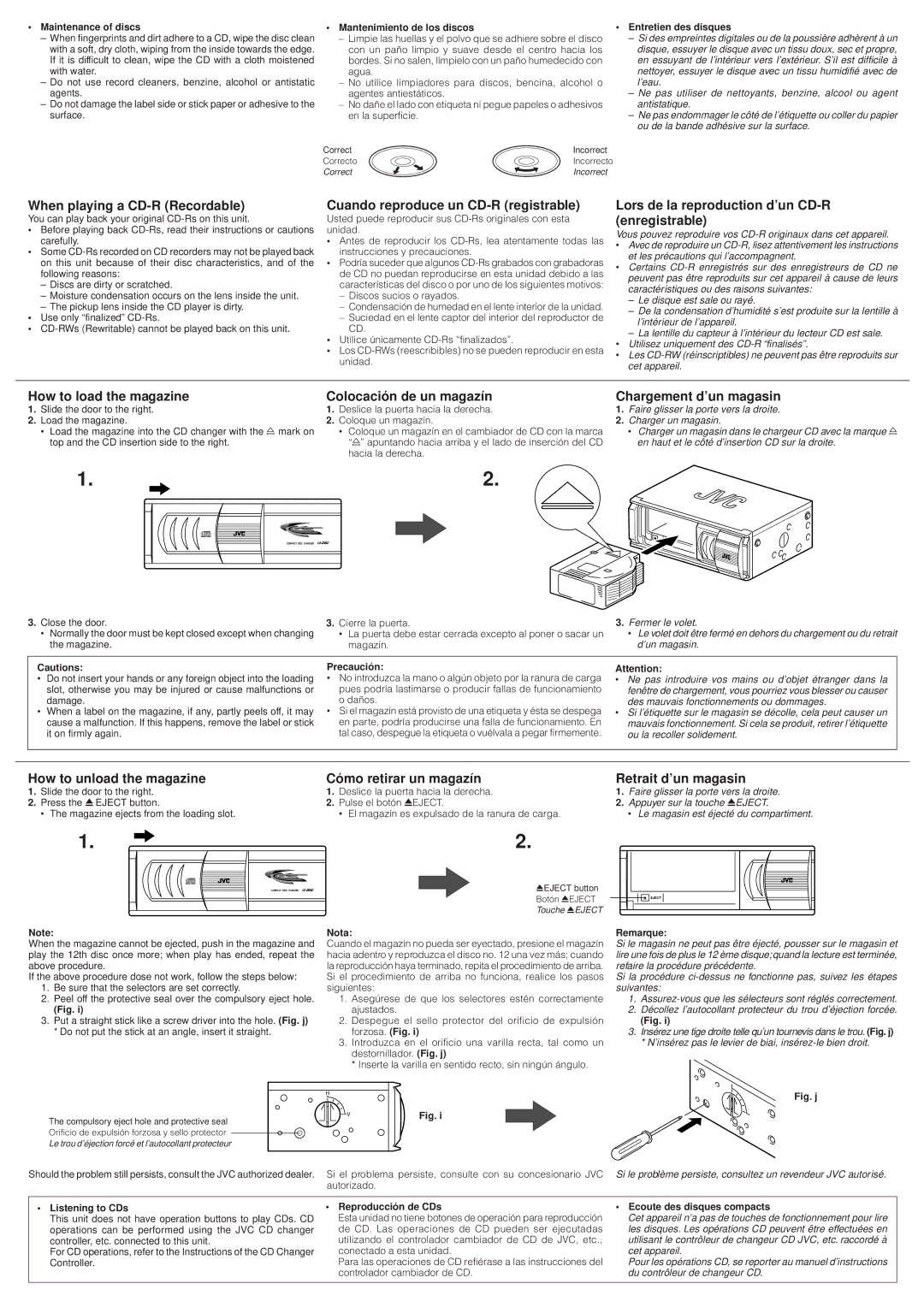 JVC CH-X350 user service When playing a CD-R Recordable, Cuando reproduce un CD-R registrable, How to unload the magazine 