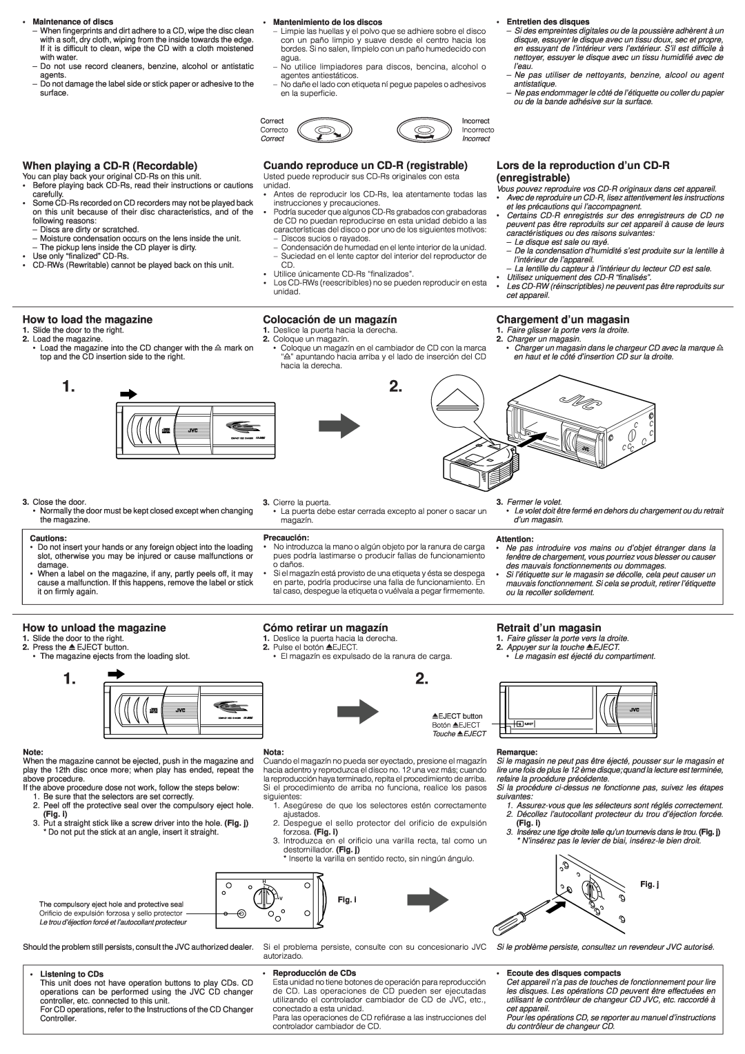 JVC CH-X350 user service When playing a CD-RRecordable, Cuando reproduce un CD-Rregistrable, How to load the magazine 