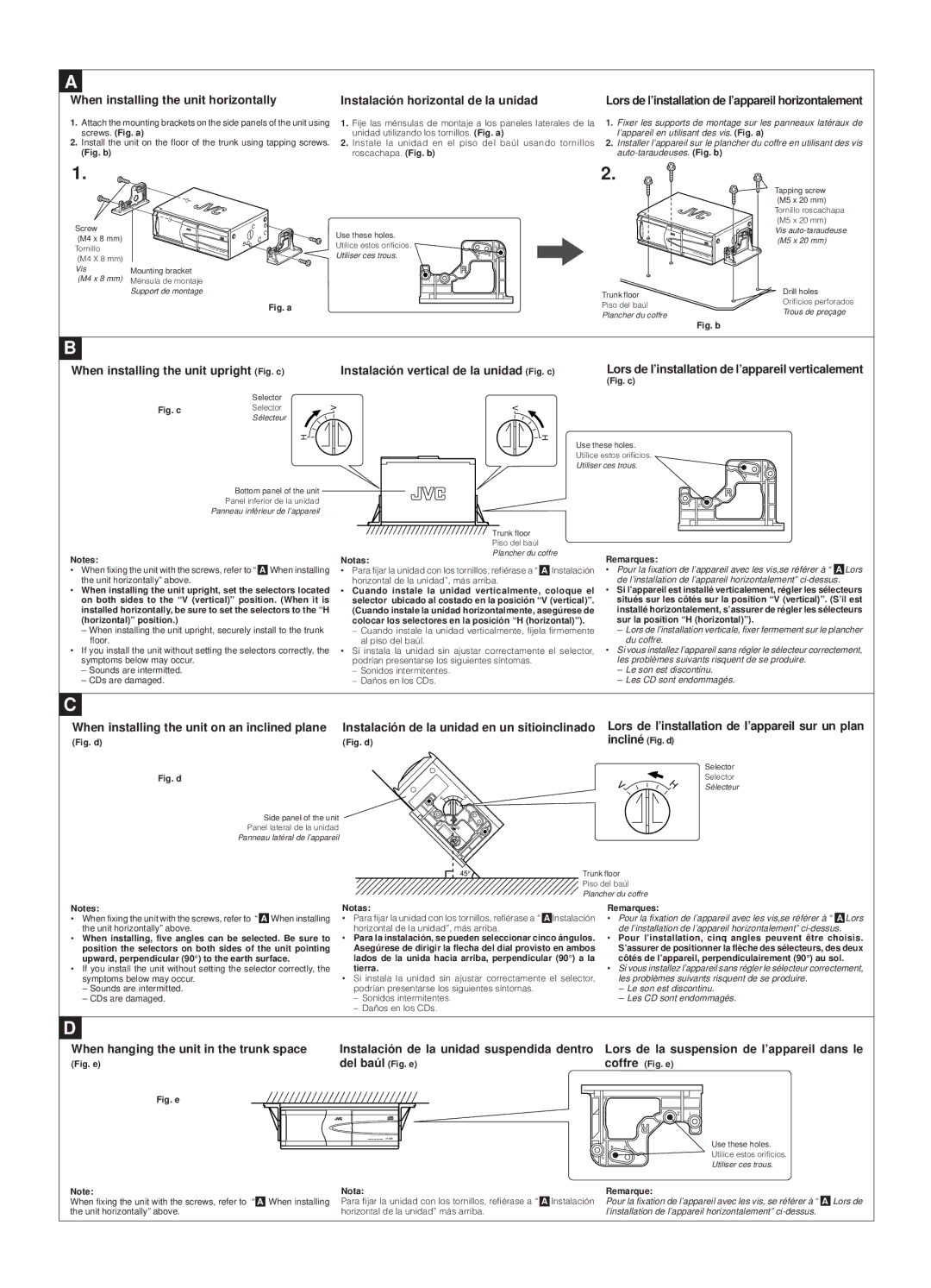 JVC CH-X400 user service When installing the unit horizontally, Instalación horizontal de la unidad, Del baúl Fig. e 