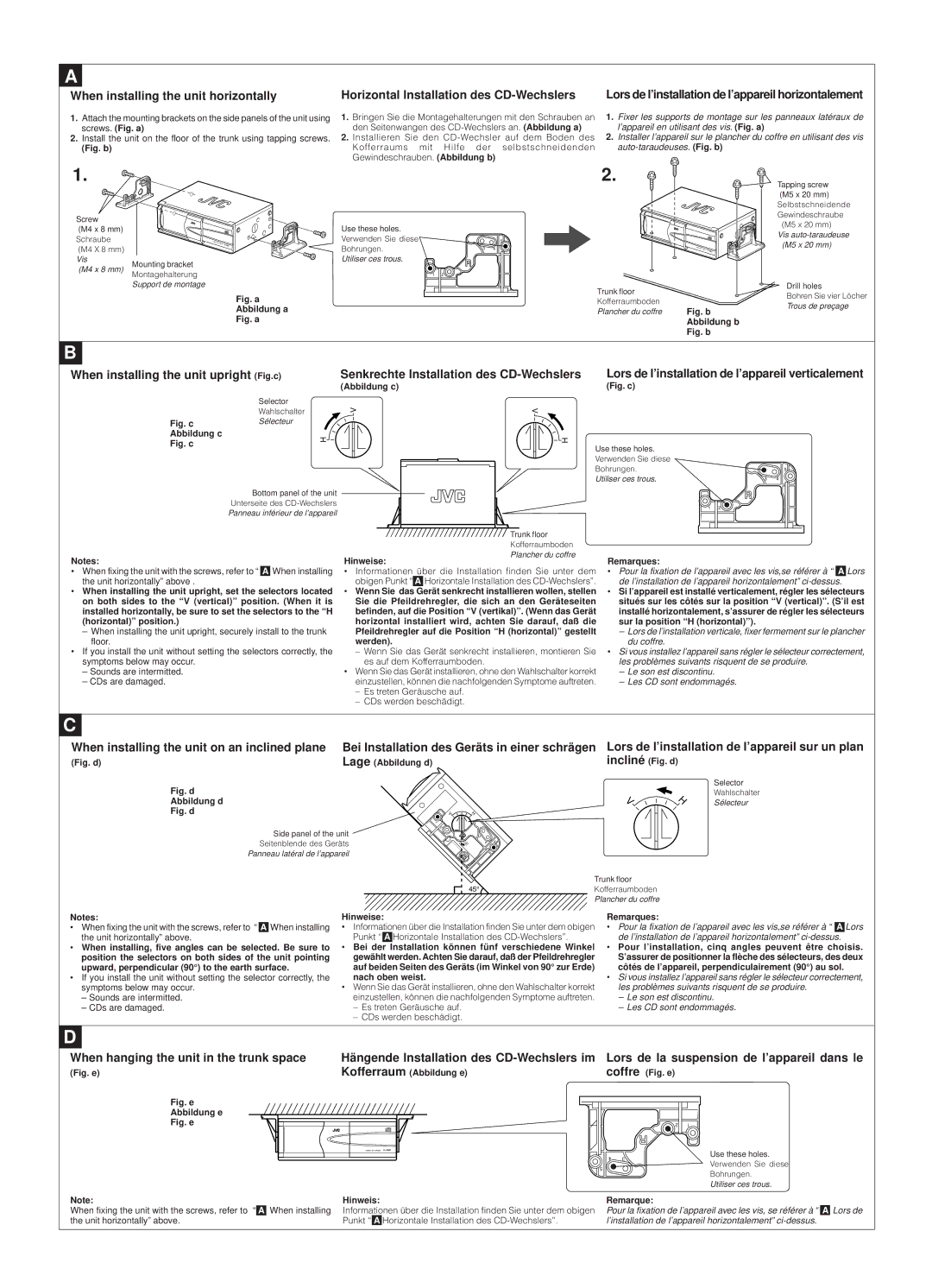 JVC CH-X400 user service When installing the unit horizontally, Horizontal Installation des CD-Wechslers 