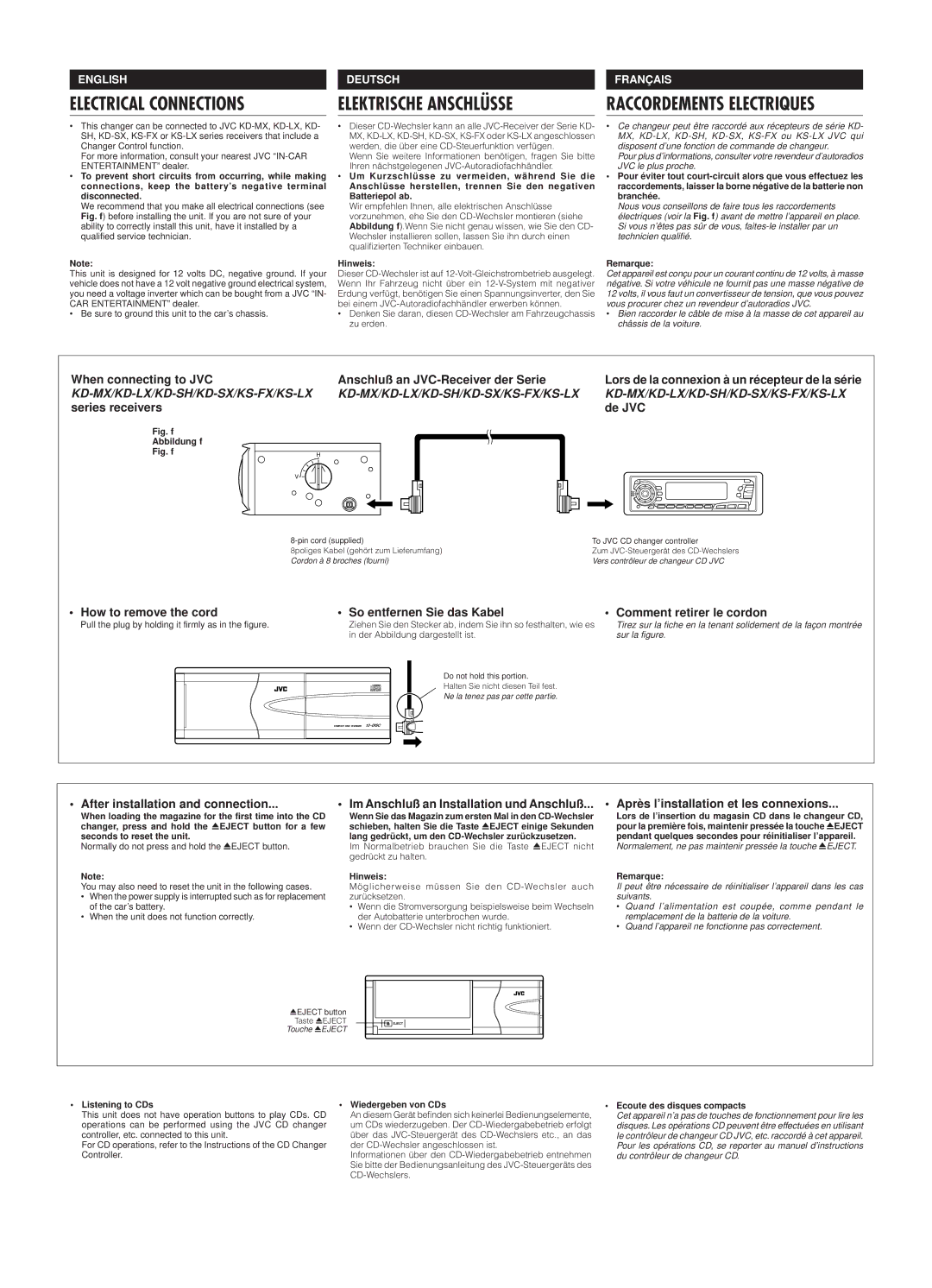 JVC CH-X400 user service Electrical Connections, Elektrische Anschlüsse, After installation and connection 